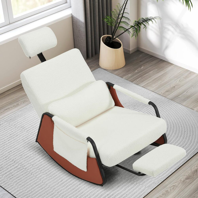 Rocking Chair With Retractable Footrest And Adjustable Backrest, White 