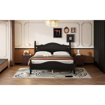 Queen Size Wood Platform Bed Frame,Retro Style Platform Bed with Wooden Slat Support,Black