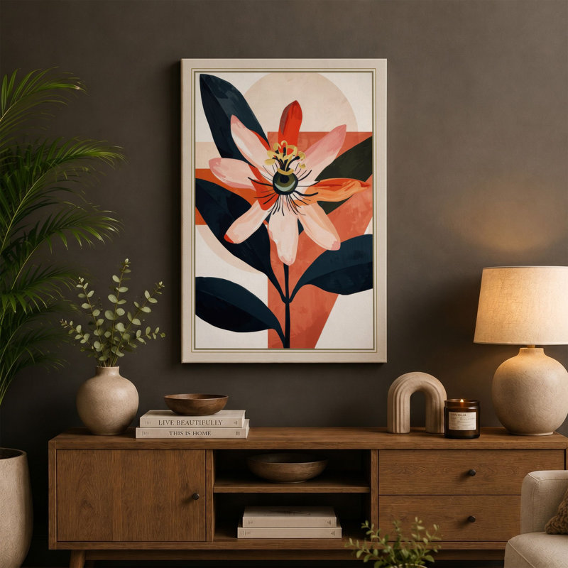Geometric Bloom Botanical - Wrapped Canvas, 30x20 - 76.2 x 50.8 cm, Ochre Border