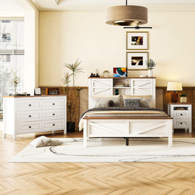3-Piece Bedroom Set With Modern Platform Bed, Storage Nightstand, And Spacious Dresser, Black And Oak Finish