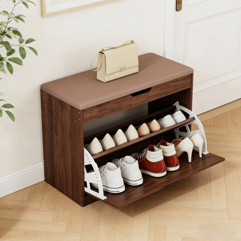  27.5"W Shoe Storage Bench with Cushion, Flip-Top Storage, Entryway Brown Shoe Rack, Brown