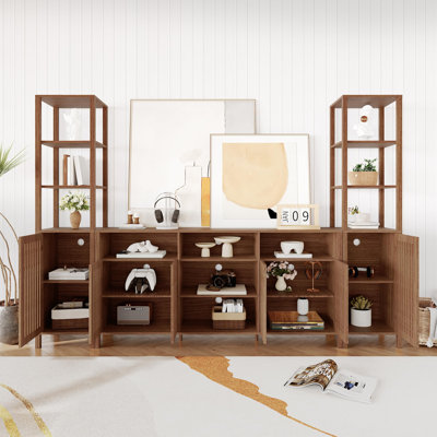 Farmhouse TV Stand for TVs up to 70", Entertainment Center with Bookshelves & Storage Cabinets, Wood Media Console for Living Room Home Theater-Brown