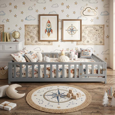 Full Size Montessori Floor Bed with Fence and Door (Grey)