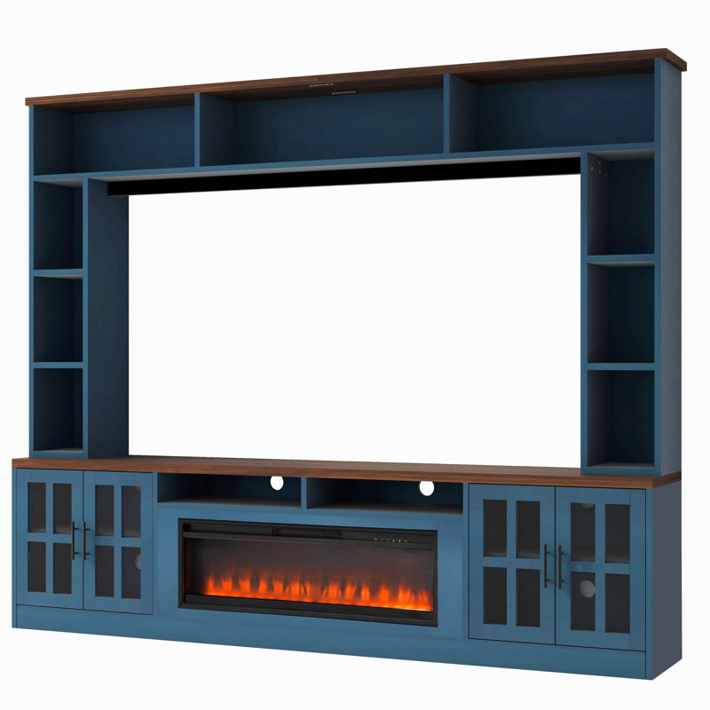 Meuble audio-vidéo l 95,5 po avec bibliothèque pour téléviseur de 80 po ou moins, meuble télé moderne avec armoires électriques pour foyer