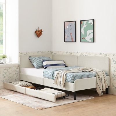 Twin Size Upholstered Platform Bed Frame with 2 Storage Drawers, Adjustable Velvet Sofa Bed, Beige