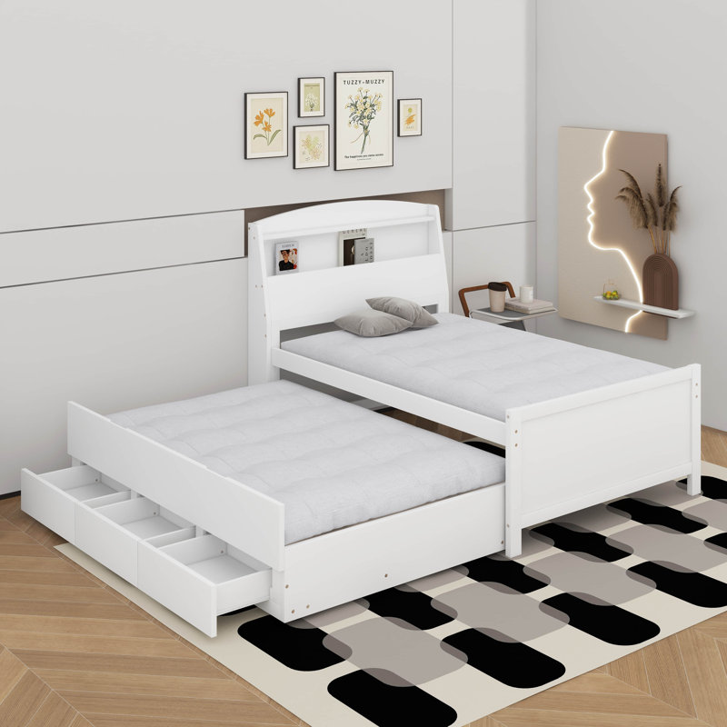 Lit plateforme simple avec lit gigogne et tiroirs, Lit simple