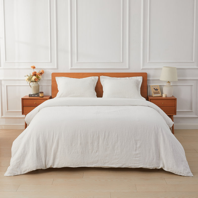 Linen Duvet Set, White, King Duvet Cover + 2 King Shams