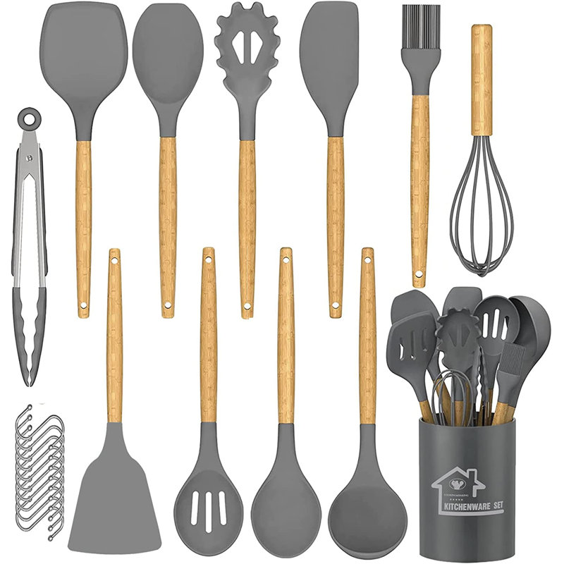 Kitchen Utensil Set Silicone Cooking Utensils Heat Resistant Nonstick Kitchen Tools With Hooks, Silicone Kitchen Gadgets With Wooden Handle, Turner Tongs Spatula Spoon Cooking Tools