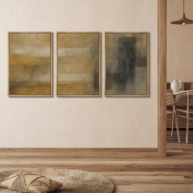 «Geometric Neutral Blocks Modern Abstract Triptych», reproduction d'art encadrée sur toile, 3 pièces, Naturel