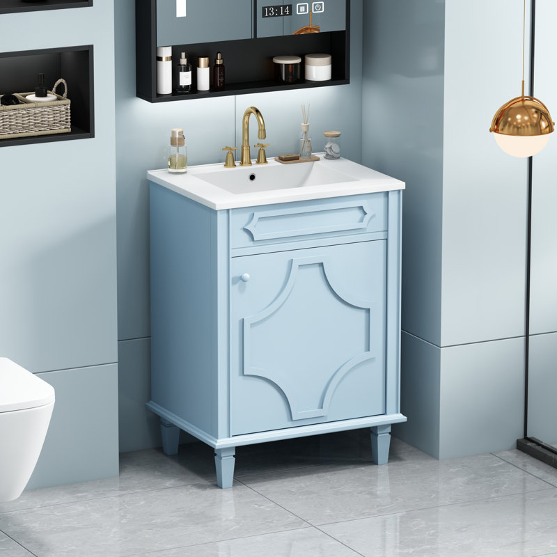  Vanity with Ceramic Sink, Freestanding Cabinet with Adjustable Shelf and Soft Closing Doors