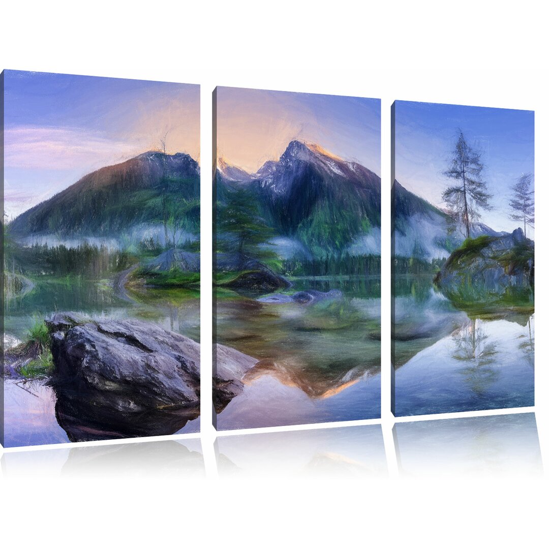 3-tlg. Leinwandbilder-Set „Sonnenaufgang am Hintersee“, Grafikdruck