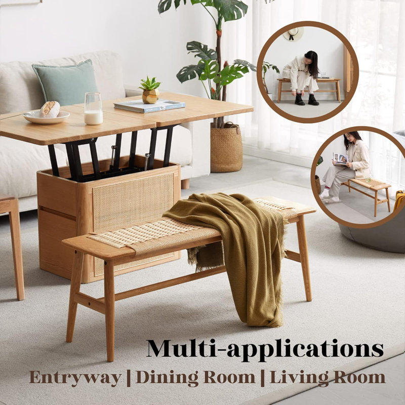 Banc de chêne en bois pour l'intérieur - Banc d'entrée en corde de bois massif tissé