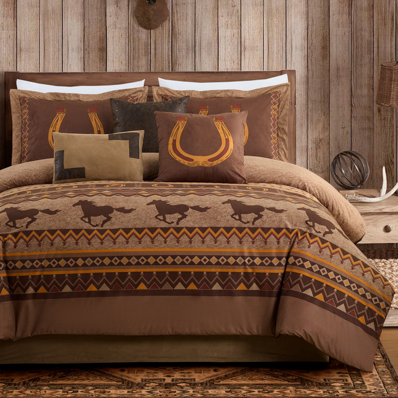 Sedona 7-Piece Southwestern Wild Horses Microsuede Comforter Set, Brown, Extra Wide Queen Comforter + 2 Standard Shams