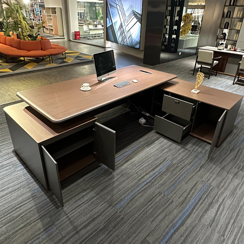 94.49"Premium Brown L-Shaped Solid Wood Multi-Layered Desk, 29.53" H x 94.49" W x 72.83" D