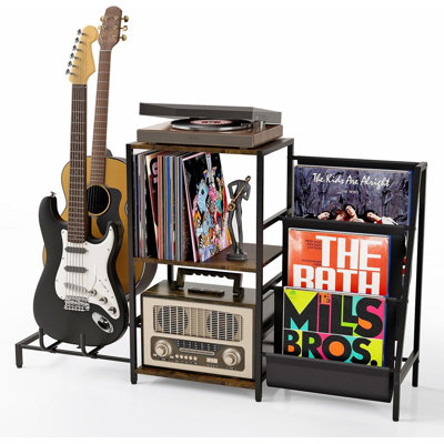 Record Player Stand With Adjustable Guitar Rack, 3-Tier Vinyl Record Storage For Up To 200 Albums, Multi-Functional Audio Furniture For Living Room, Bedroom & Music Studio