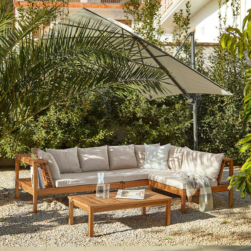 Collinward 5 - Person Seating Group with Cushions and Cream LED Parasol