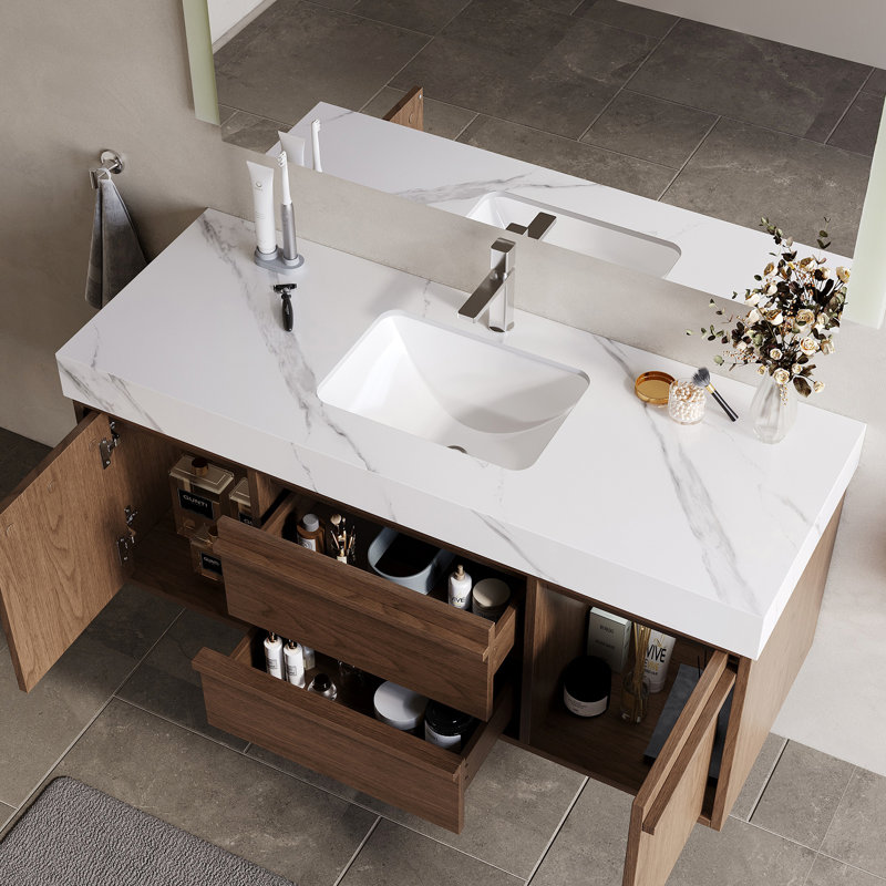 Comptoir de meuble-lavabo à simple cuve en pierre frittée 48 po x 19 po avec lavabo en céramique intégré, comptoir de salle de bain moderne pré-percé, lavabo en céramique encastré