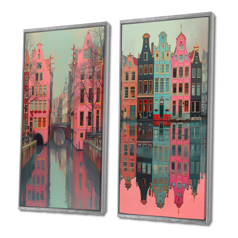 «Amsterdam Pink Grey Canal Photo I», ensemble de 2 pièces d'art mural Amsterdam, H 32 po x l 32 po, Impression encadrée