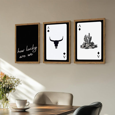 Modern Abstract Decor Wall Art Set - 3 Styles (Cactus, Inspirational Quote, Bull Head) with Playing Card Accents, Multiple Sizes 8x12 to 24x32 Inches, Framed Canvas Prints for Living Room, Bedroom, Office