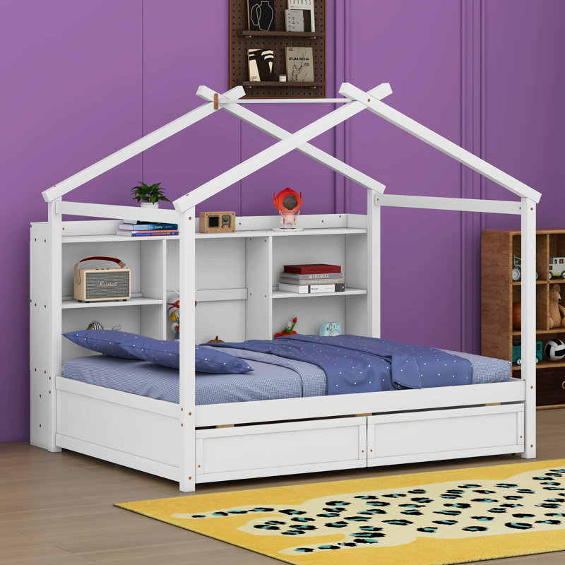 Lit double Tuttletown avec tablettes de rangement et 2 tiroirs Tuttletown, Blanc