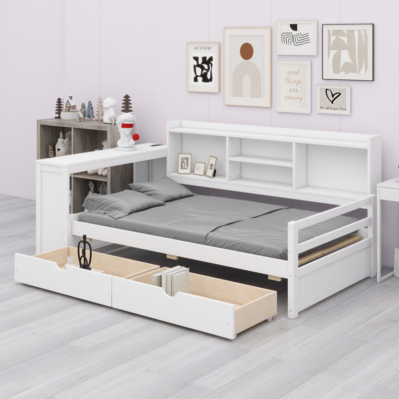Lit de jour contemporain avec bureau d'étude et nombreuses solutions de rangement, Blanc