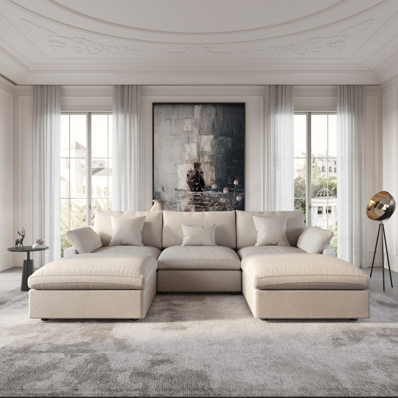 Kyna Upholstered 5-piece Linen Slipcovered Sectional(3 Seat), Khaki Linen