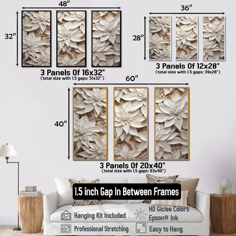 Beige poinsettia Serenade - ensemble de salon d'art mural poinsettias, H 40 po x l 60 po x P 1 po, Cadre naturel flottant