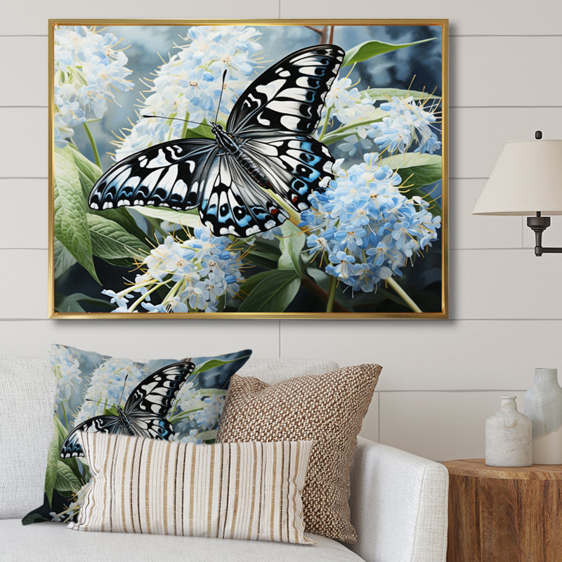 «Incy Blue Butterfly Haven I», reproduction, H 34 po x l 44 po x P 1,5 po, Cadre flottant doré