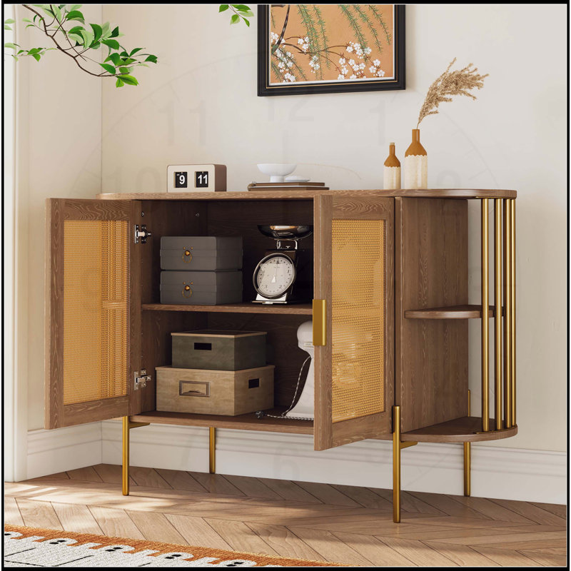 Élégante armoire de salle à manger courbée avec bordure dorée et portes en rotin tissé, Blanc