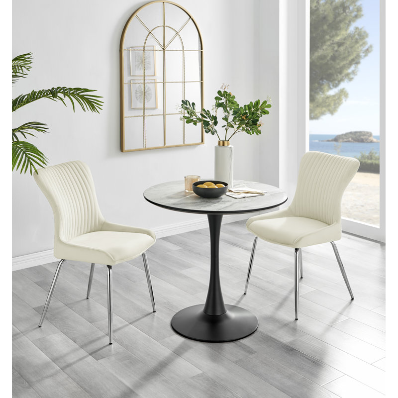 Elina White Marble Effect Melamine Round 80cm Dining Table And 2 Luxury Velvet Dining Chairs, Cream/Silver