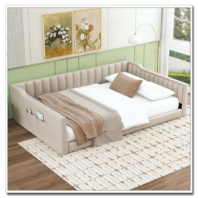 Lit de jour rembourré et poche de rangement latérale, Double XL, Beige