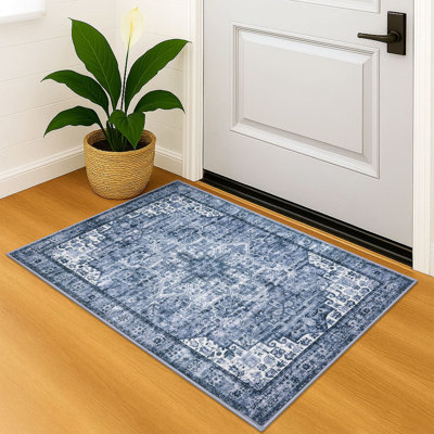 Washable  Area Rugs with Rubber Backing Blue Living Room Rugs Bedroom Rugs