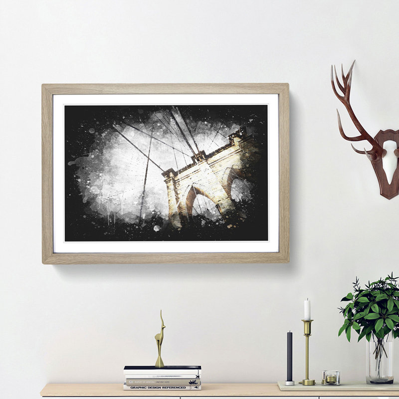 The Brooklyn Bridge in New York City - Picture Frame Graphic Art Print, 33cm H x 45cm W x 2cm D, Oak Framed