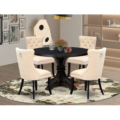 235DC4BA667643D195BD30ED7CC69110 5-Pc Dining Table Set - Round Dinner Table & 4 Linen Fabric Chairs, Antique Walnut
