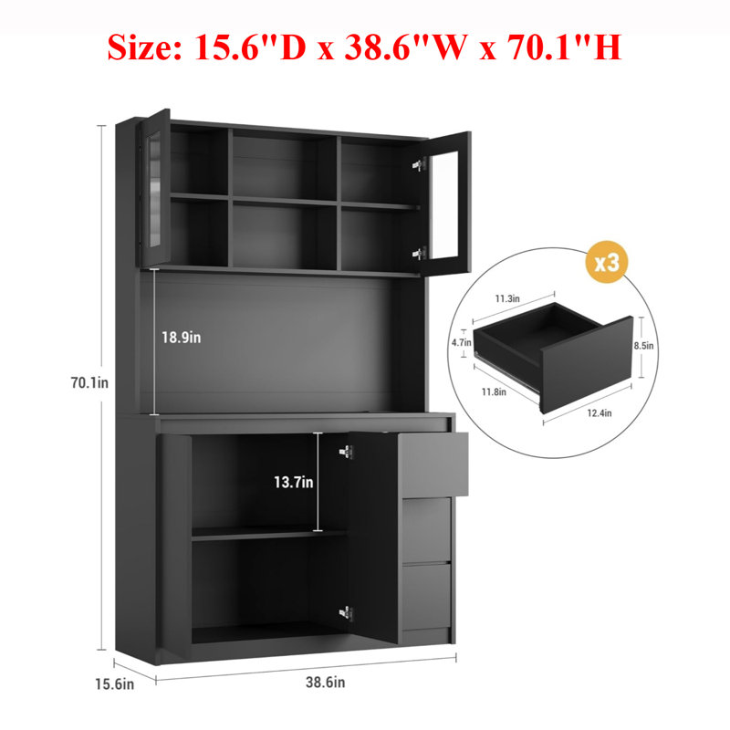 70'' Kitchen Pantry Cabinet With Power Outlet, Black