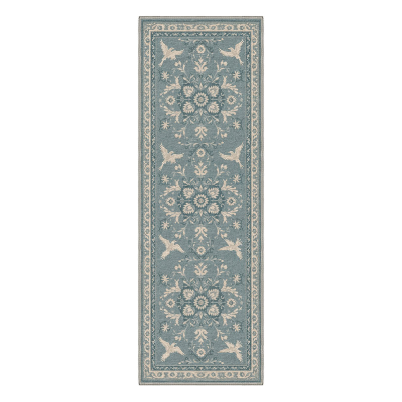 Aarna Bird & Floral Machine Washable Green / Beige Indoor Area Rug with Non-Slip Backing, Runner 2'3" x 6'