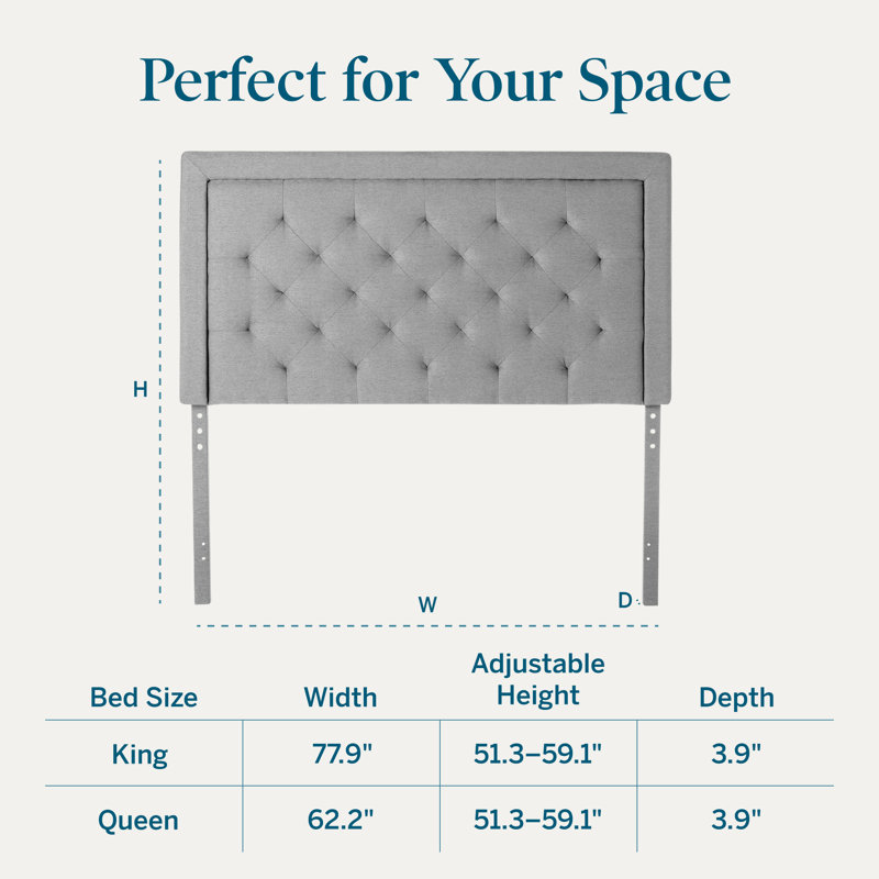 Lucid Upholstered Headboard with Square Border and Diamond Tufting, Adjustable Height 51.3"–59.1", Light Gray, King, King