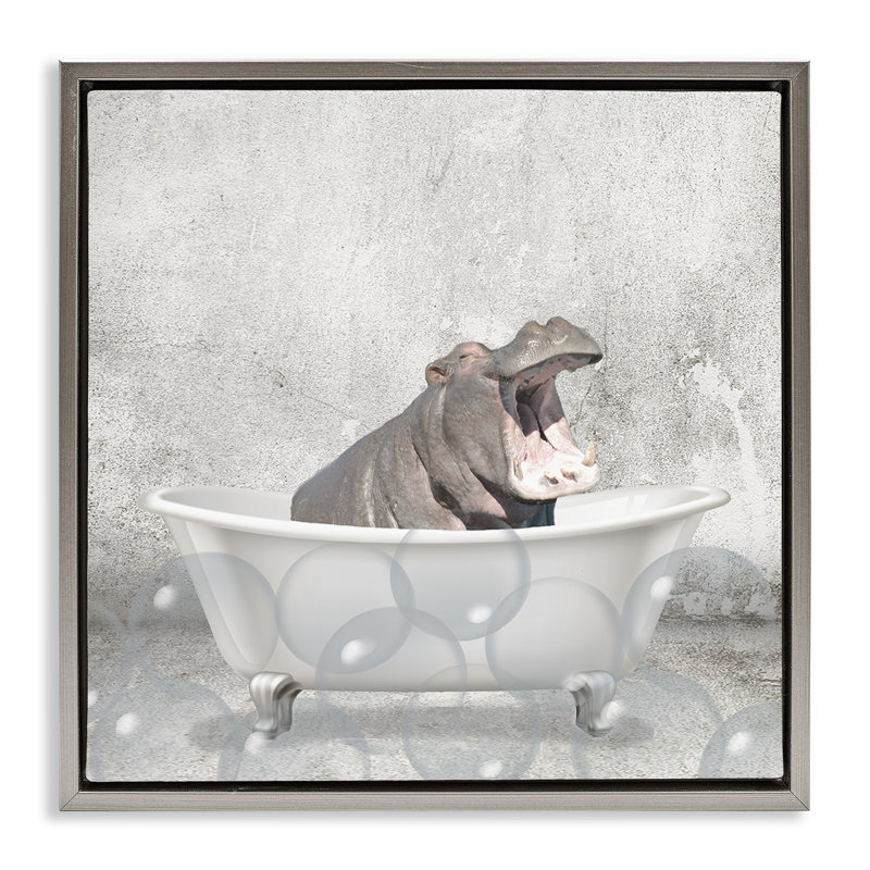«Baby Hippo Bath Time», art mural encadré sur toile flottante par Kim Allen, Cadre flottant gris lustré, H 18 po x l 18 po