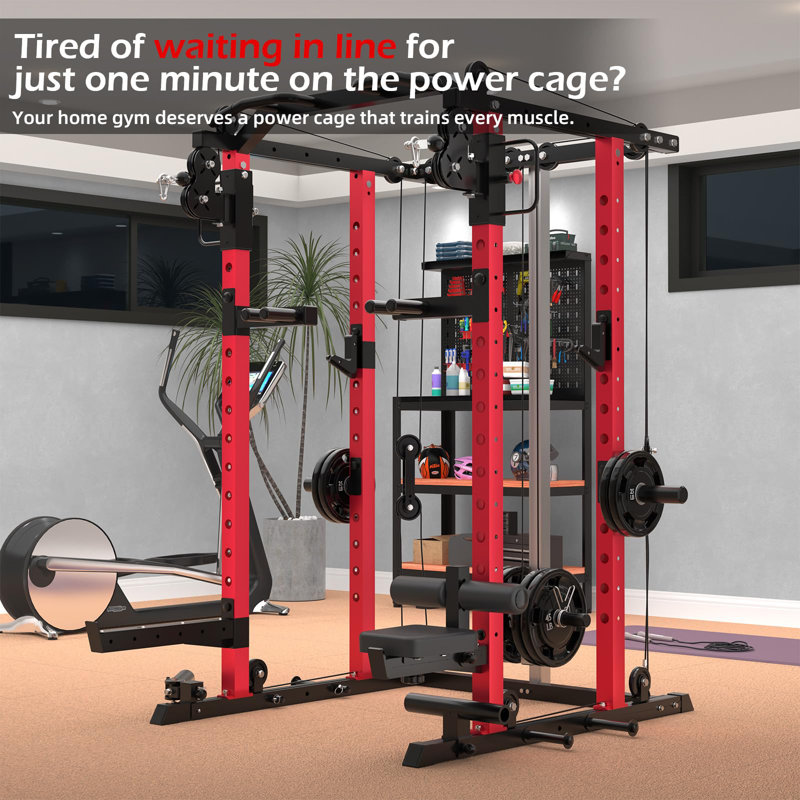 Power Squat Rack Cage, 2000lbs Weight Cable Machine With Lat Pulldown For Home Gym