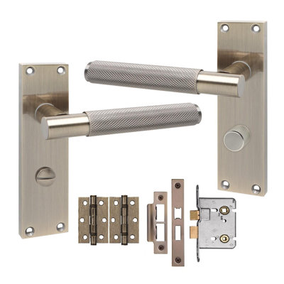 Golden Grace Victorian T-Bar Knurled Design Bathroom Lock Door Handle Set Antique Brass Finish with Screws - 150mm