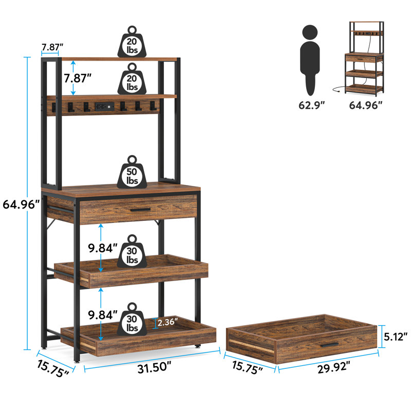 4 prises de courant et prises USB 5 niveaux de cuisinières pour four à micro-ondes avec tiroirs, tablettes coulissantes, étagère de rangement autoportante avec 6 crochets, station de café Rozel multifonctionnelle