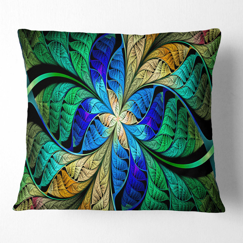 Pétales de fleurs bleu vert fractal - coussin imprimé abstrait, 16 po x 1 po, Coussin décoratif