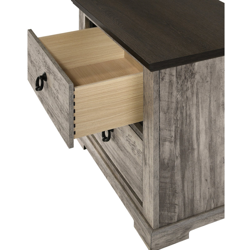 Table de chevet moderne à finition grise avec deux compartiments à tiroirs et poignées robustes en métal pour chambre à coucher de style contemporain avec poignées de tiroirs pratiques