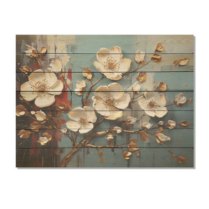 Arbre à fleurs de coquelicots blancs et bleus III - Floral abstrait sur bois, H 10 po x l 20 po x P 0,78 po