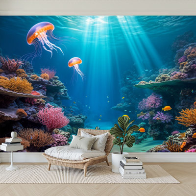 Peel and Stick Wallpaper 96" W x 69" H Modern Self Adhesive Wall Mural for Bedroom Underwater Scene Vibrant Coral Reefs Jellyfish Colorful Fish