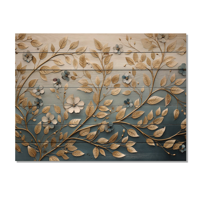 Minimalisme, mélodie botanique bleue et dorée - panneau mural en bois sur bois de pin naturel, H 10 po x l 20 po