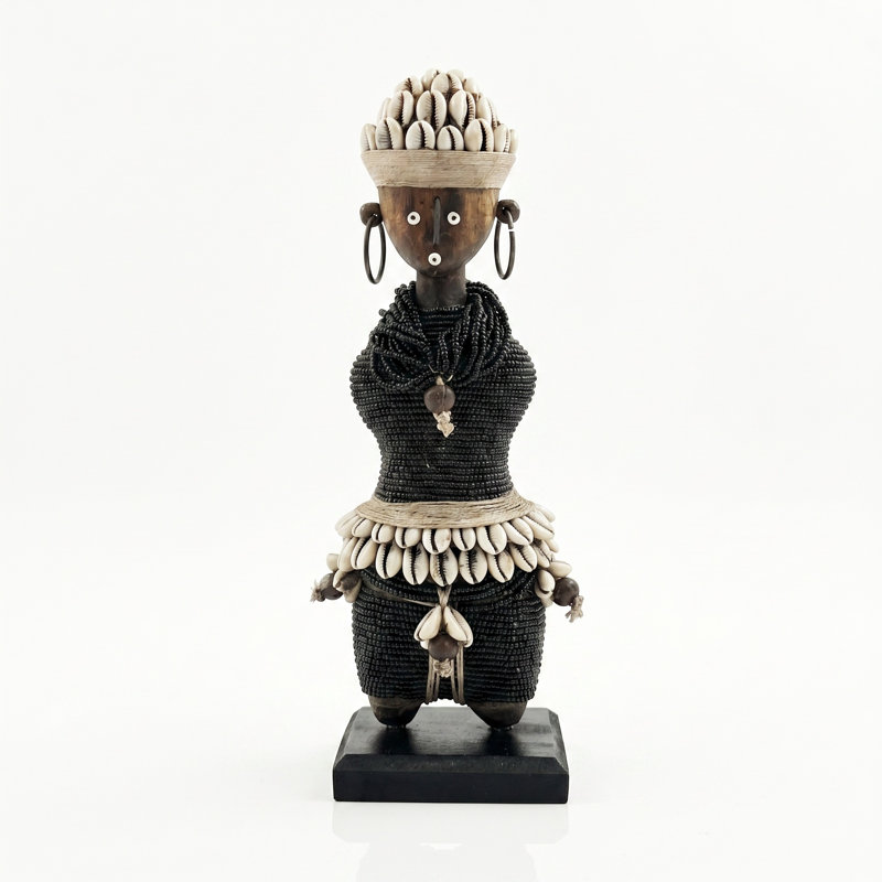 African Beaded Namji Doll, Small 11 in, Black, Cowrie