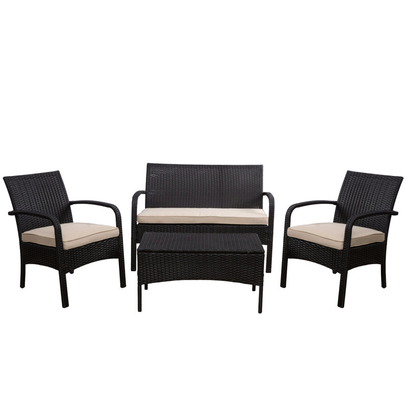 Brown Pe 4 Outdoor Sitting . Consists Of , 2 Chairs, And Table. , Iron Construction, Tan Cushions. Assembly Required. Measurements: 26.8D X 42.75W 30.99H In, Chairs 22.50W Table 18.25D 30.99W 18.25H