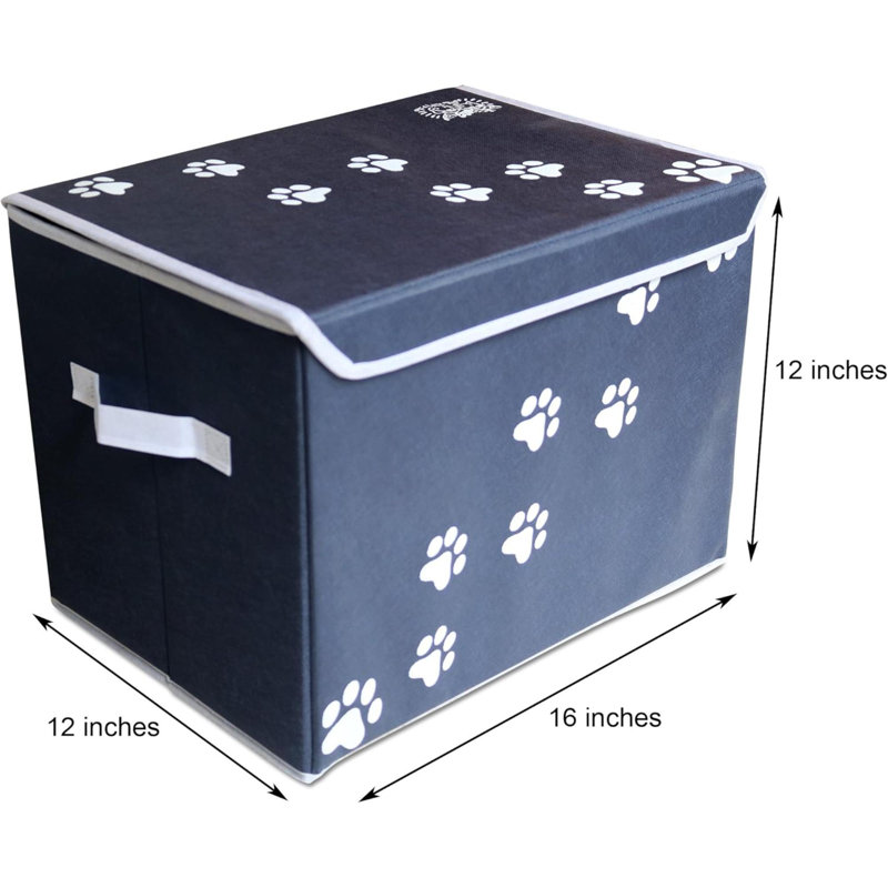 Large Dog Toys Storage Box 16" X 12" Pet Toy Storage Basket With Lid. Perfect Collapsible Canvas Bin For Cat Toys And Accessories Too