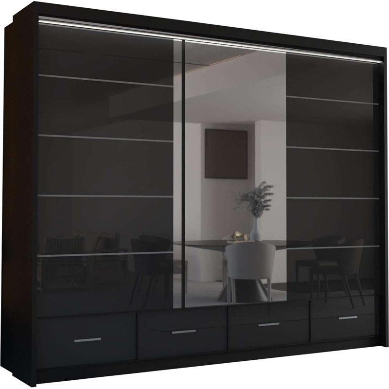 Bahos 3 Door Manufactured Wood Wardrobe, Black, 220cm H x 255cm W x 66cm D